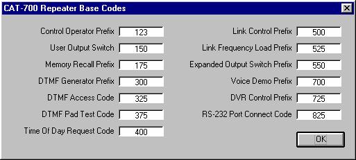 Figure 6-9 Control Codes From the repeater code window, place the hand on the CONTROL OPERATOR PREFIX cell and