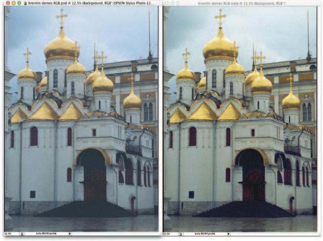 Chapter 9: The Digital Darkroom 467 Figure 9-40b The soft proof and the reference image, continued The soft proof, left, shows a dramatic color shift in addition to the reduced dynamic range when