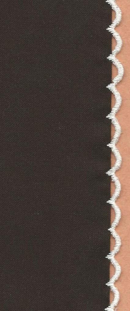Scallops-Off-The-Edge Fabric: One piece medium weight cotton, 6 x 4 Narrow cording (gimp, perle cotton) Stabilizer: BadgeMaster, 1 strip, 6 x 2 Needle: 90/14 Universal Thread: Cotton, polyester, or
