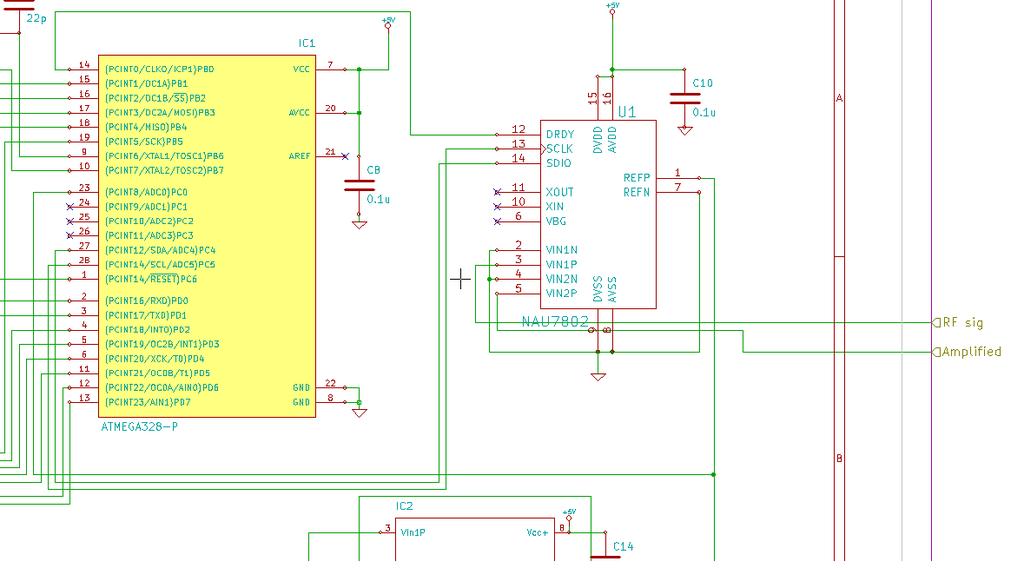 Figure 4.2 2 Connection between Atmega 328 and 24 bit ADC The positive voltage reference being supplied to the NAU7802, pin 1, in figure 4.2 2 is being supplied by the ICs in figure 4.2 3.