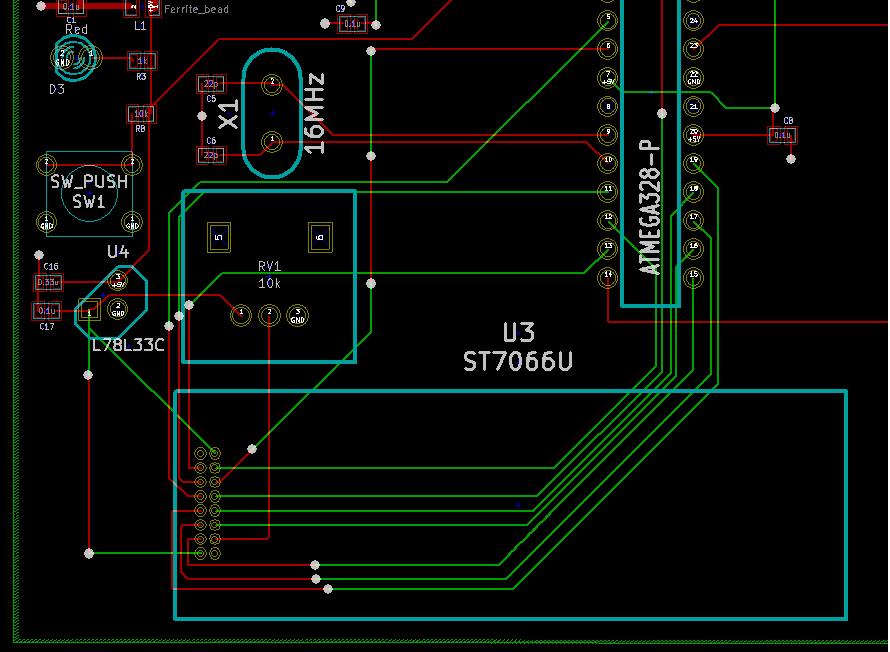 Figure 4.2 5 LCD screen footprint and supportive voltage regulator with potentiometer for screen contrast For the USB to UART IC, the FT232R, the 28-SSOP packaging will work for this application.