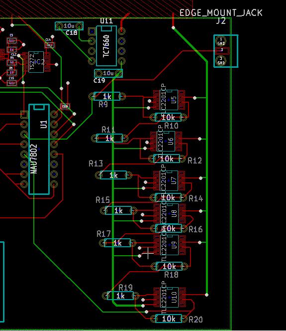 Figure 4.3-11 Portion of PCB showing the amplifier system. The design uses six operational amplifiers as well as six 1kΩ and 10kΩ resistors.