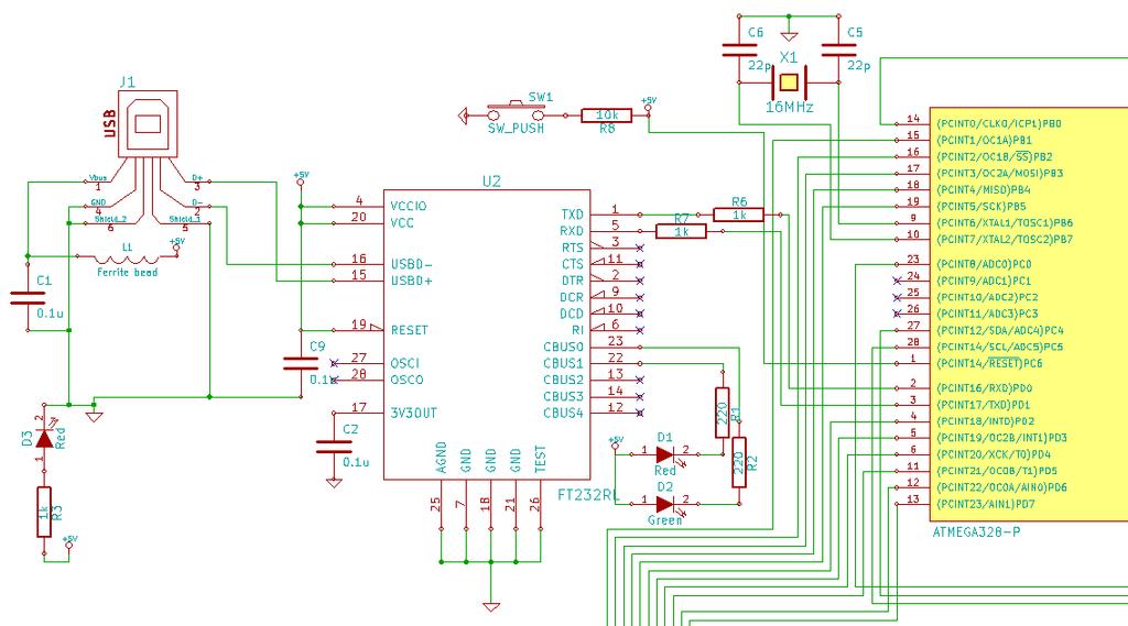 Figure 4.2 1 USB communication and 5v power supply Power to the Atmega328 is received at pins 7 and 20 for the digital and analog power sections. This power will also have a 0.1uF bypass capacitor.
