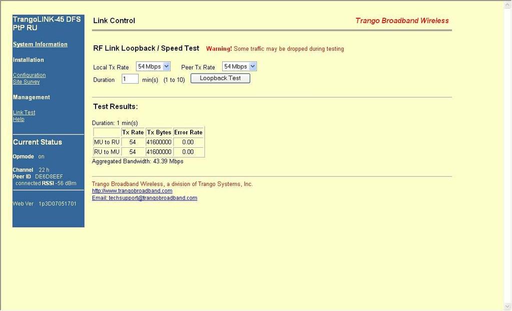 Appendix A Link Control The Link Control page features the RF Link Loopback / Speed Test.