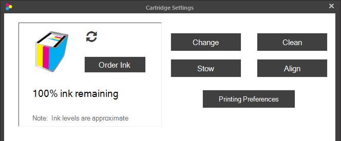 Cartridge Settings. Click the Cartridge Settings button to open a new window which displays the current cartridge level and other cartridge related functions. Order Ink.