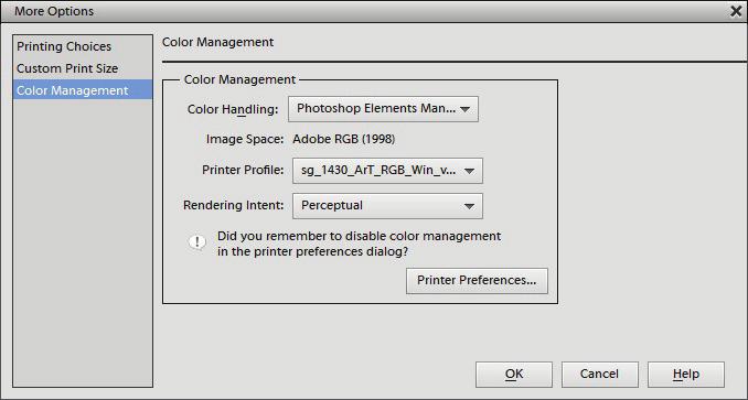 Printing from Elements with the 5) With the correct color settings entered, you are now ready to print. In the menu bar, click File > Print.