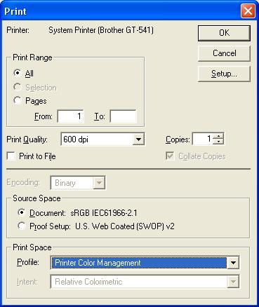 4. Printing Directly from Applications (2) Confirm that srgb IEC61966-2.1 or Untagged RGB is set as the Source Space, and "Printer Color Management" as Print Space/ Profile, and then click OK.