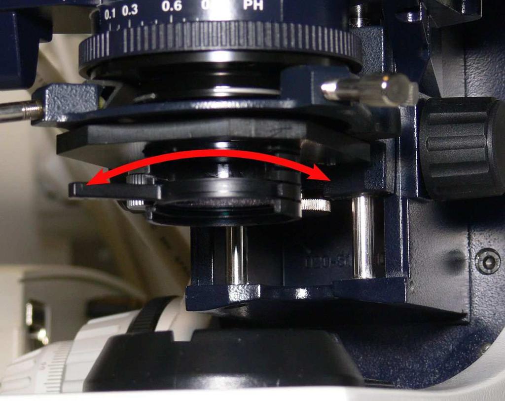 placed labeled side upwards in a holder below the condenser (Figure 11). The round polarizer is on the shelf above the microscope.