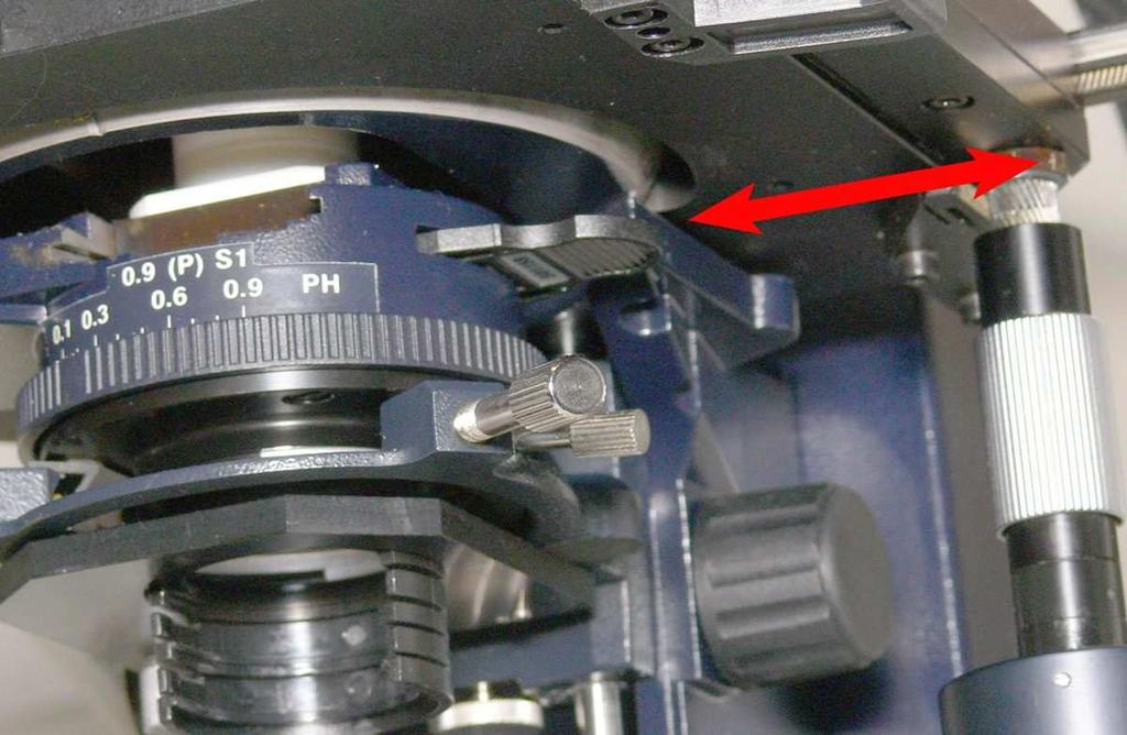 Filter controls marked with red arrows The microscope can be equipped with a dark-field ring that can be used for lowquality dark-field microscopy. The ring is on the shelf above the microscope.