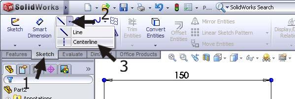 21 1 Click on Sketch in the CommandManager. 2 Click on the arrow next to Line. 3 Click on Centerline.
