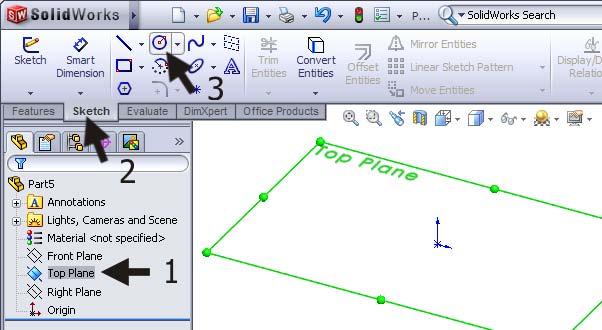 41 We will use the Top-plane to make the first sketch: 1. Select the Top-plane in the FeatureManager. 2.