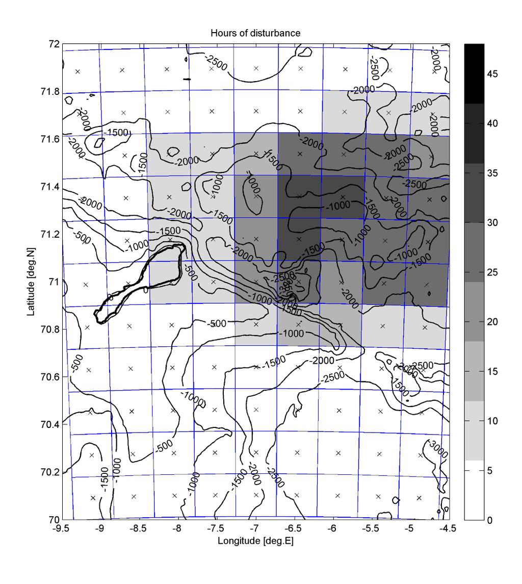 DISTURBANCE MAP FOR SIMULATED SONAR EXERCISE Hours of disturbance (SPL > 140 db re 1µPa 2 ) Per area