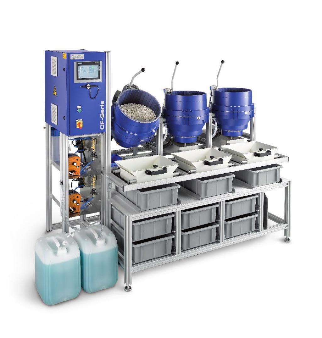 Benchtop model with aluminum profile chassis Ceramic gap system Process container with hot molded PU lining Display: processing time, elapsed time and speed OTEC CF Element Stand-alone machine for