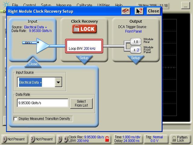 The 86100C DCA-J on-line help explains, in detail, how to use the 83496B clock recovery module. Below is a brief outline of how to lock the 83496B clock recovery module to the incoming signal.