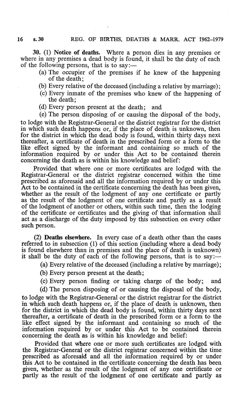 1 s. 30 REG.. OF BIRffiS, DEATHS & MARR. ACT 19,-199 30. (1) Notice of deaths.