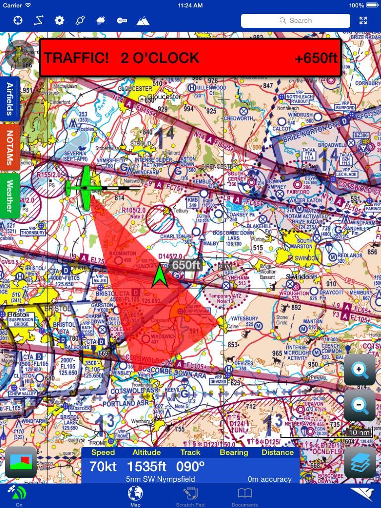 ADS-B & Flarm In this example the alerting traffic is shown at a greater distance than would be realistic, you can expect that any alerting traffic would be obscured by your aircraft symbol.
