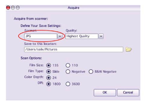 Define your save settings: a) Select between JPG