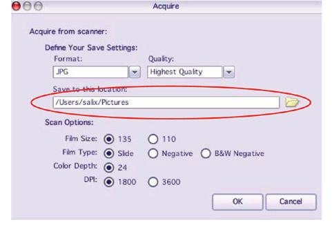 c) Select the location to save your images.