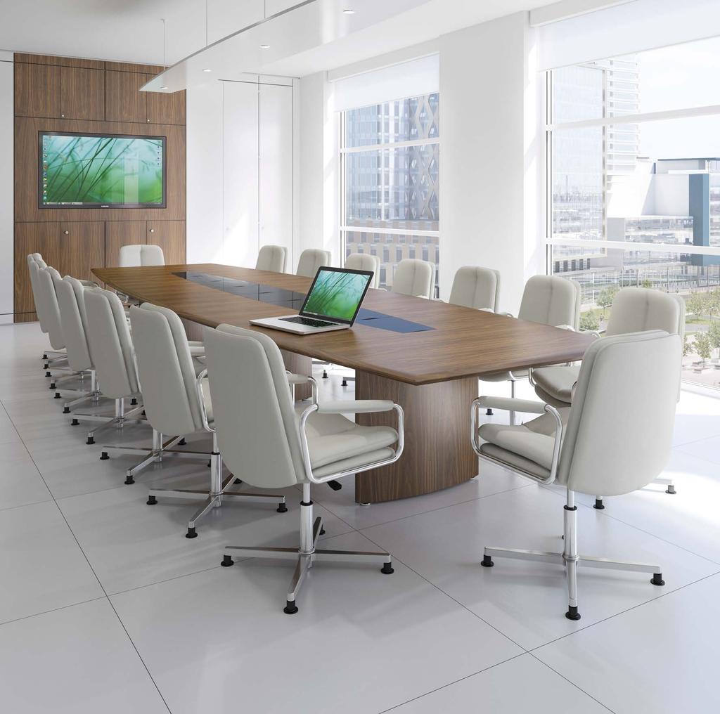 Conference Table Barrel Shape Barrel shape table in Natural Walnut with aero solid edge and black glass cable management tiles, on matching wing