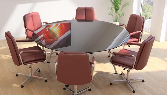 Shown with Ele chairs in burgundy leather, on conference bases.