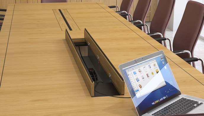 Conference Table Rectangular table in Light Oak with thin edge and hinged cable management flaps,
