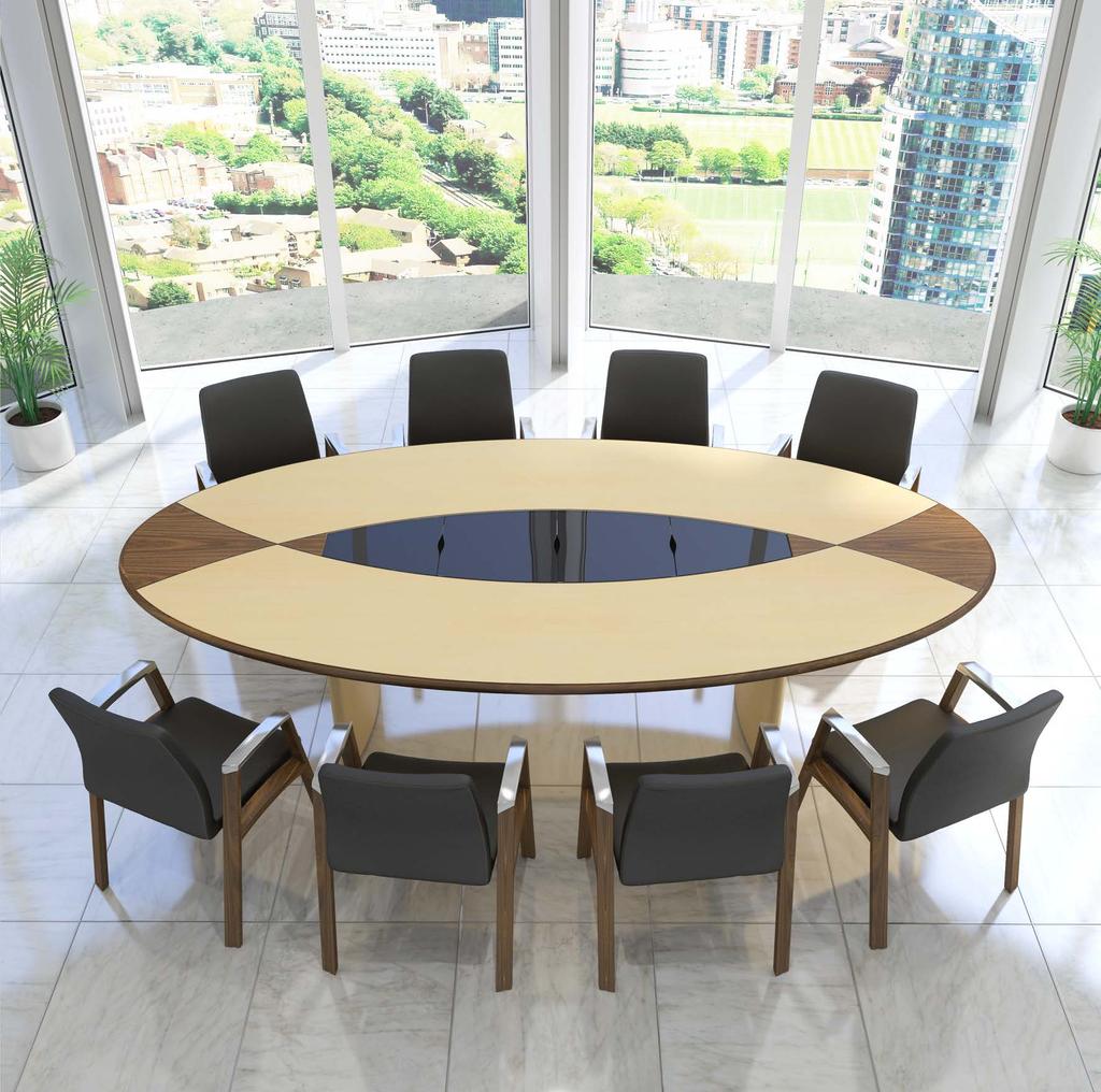 Meeting Table Oval table with solid radius edge, on wing bases. Maple top with radius solid Natural Walnut edge and natural walnut inlays outlined with ebony detail lines.