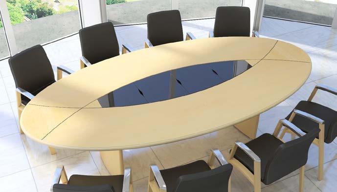 The cable management tiles on the conference table include a high capacity cable tray beneath. Cable routing through the bases is optional.