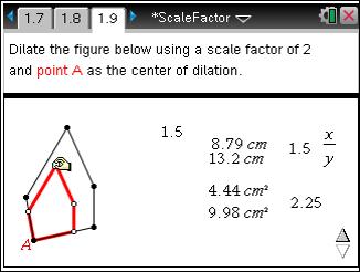 Once more, students should change the scale factor this time, to 1.5. The displayed measurements and ratios, again, update automatically.