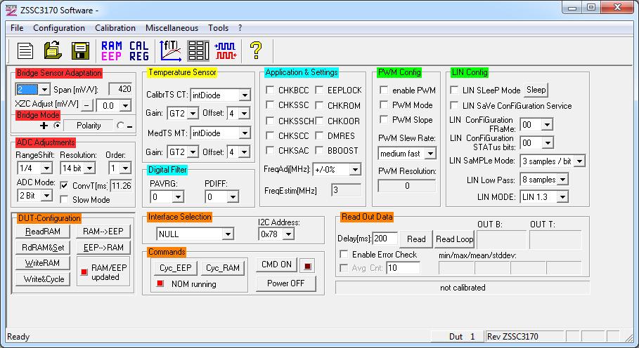 The ZSSC3170 can be configured using the ZSSC3170 Evaluation Software, which provides read and write access to all the ZSSC3170 registers in a clear structure that hides the corresponding HEX