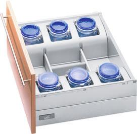 InnoTech - Accessories Side Organisation includes glass storage jars for variable pot-and-pan drawer widths Organisation of a variable width pot-and-pan drawer with the 6 glass storage jars provided