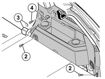16 Applies to cars with two rows of seats Remove the screws (2) on the load securing eyelets. Remove the cover (3), by prying off using a weatherstrip tool or a small screw driver.