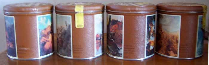 COMMEMORATIVE TINS "FIVE POUNDER CANS" LR-11 FIVE POUNDER CANS Bulk packed round tin can of 675 cartridges. Brown can with different series of paintings on the sides.
