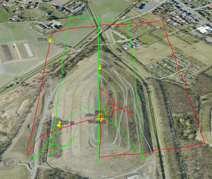 The following figure shows the flight paths for the nadir images (green) and the oblique image acquisition flights. a first attempt the tie points were generated automatically.