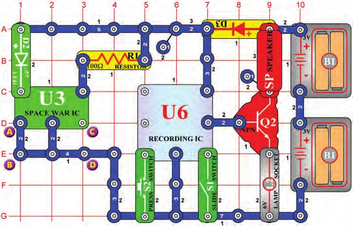 The circuit records the sounds from the space war IC (U3) into the recording IC (U6). Turn on the slide switch (S1) and the first beep indicates that the IC has begun recording.