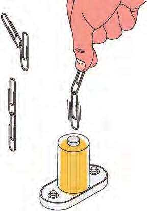 Turn on the slide switch (S1), and set the adjustable resistor (RV) control lever to the right. The paperclip gets sucked into the center of the electromagnet and stays suspended there.