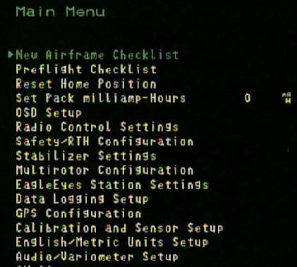 To navigate menus, the elevator stick is used to scroll up and down the menu list. The aileron stick is used to select or deselect a menu item.