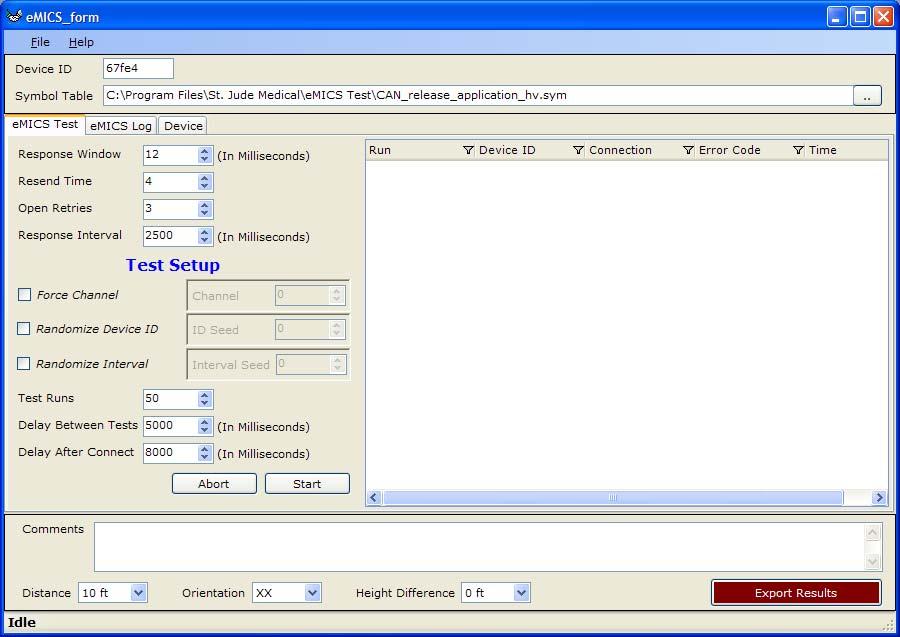 Figure 12: emics Automated Test Tool - Test Run Setup After programming the ICD, the engineer needs to specify the test run details on the Test Run Setup screen as shown in Figure 12.