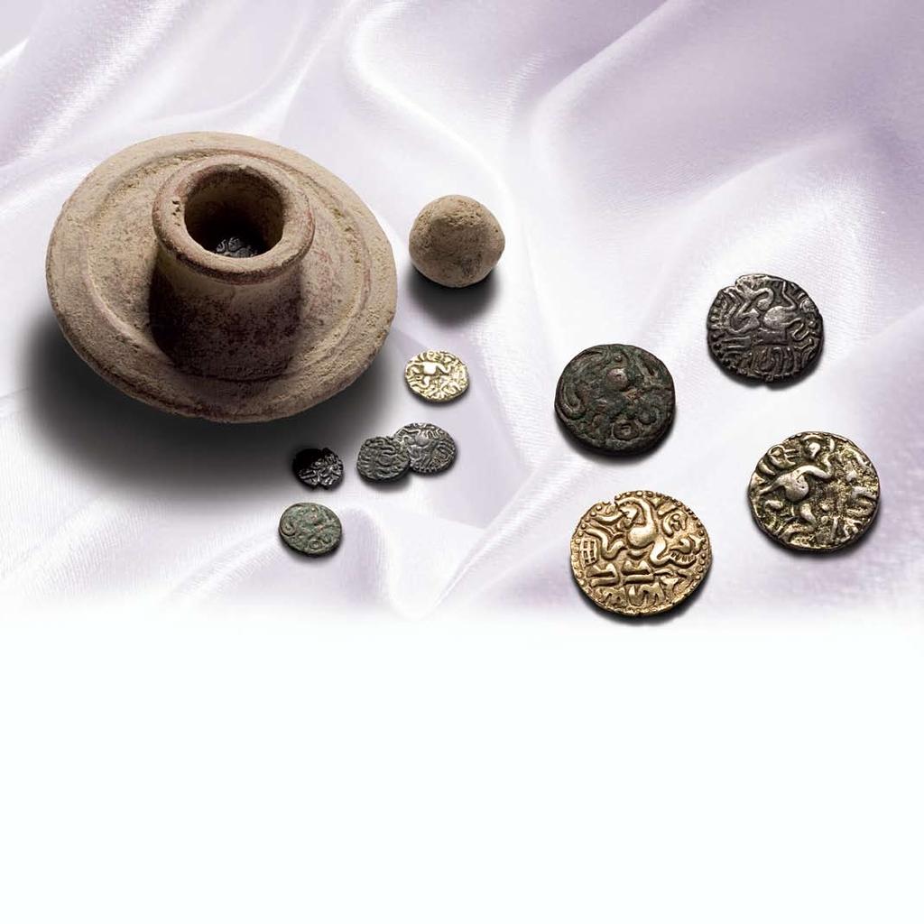 Rajaraja Chola Coins Jaffna Kingdom (10th Century AD - 11th Century AD) Pot and Rajaraja Chola copper massa. Below enlarged view of Rajaraja Chola gold Madais and also coins in silver and copper.