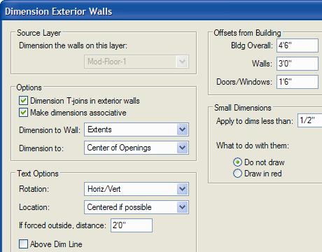 Dimensioning walls Next, you use the Dimension Exterior Walls command to automatically dimension the first floor exterior walls. 12. From the menu, select AEC > Dimension Exterior Walls.
