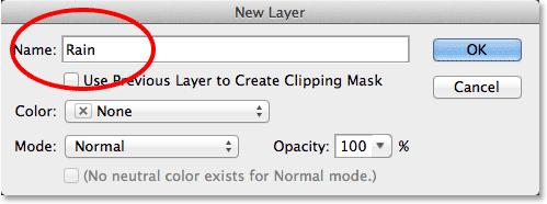 Holding the Alt (Win) / Option (Mac) key while clicking the New Layer icon tells Photoshop to pop open the New Layer dialog box, giving us
