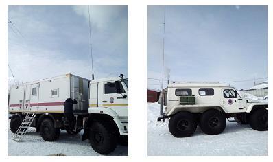 Figure 3. Antennas location of radio station «Noema-SV» on KamAZ 4803 and TRECOL-39294 based accident rescue vehicles. 3. Testing procedure Tests were performed in two stages on real radio paths.