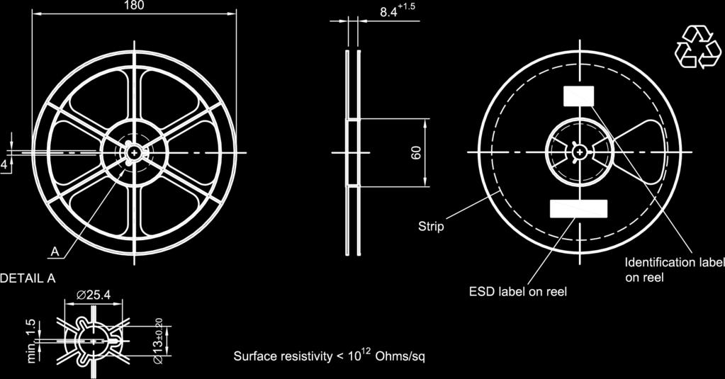 10.2 Reel with diameter of 180 mm Figure 7: Drawing of reel (first-angle projection) with diameter of 180 mm.