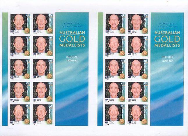Full double pane. 2000 Sydney Olympics 45c Gold Medallist Herb Elliot digitally printed essay pair of sheetlets of 10.