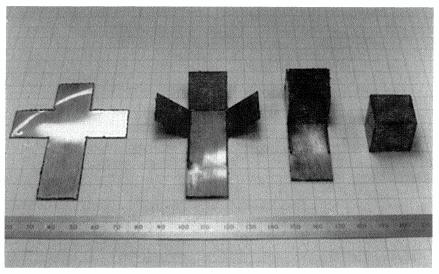 The estimated time for the production of the component shown above is five minutes, from raw sheet to welded cube.