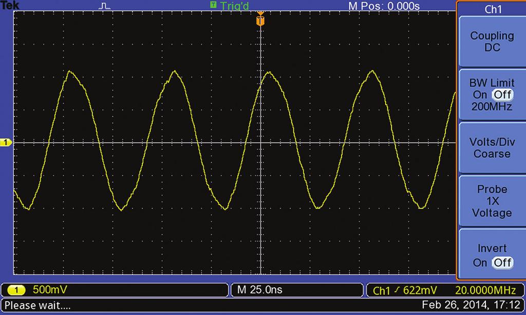 Application Note Figure 3. Time-domain view of 20 MHz clock signal, showing varying amounts of distortion on peaks. This implies that the signal is being modulated by a lower-frequency source.
