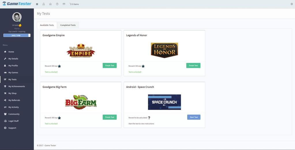 GameTester User Panel All relevant tests are displayed on
