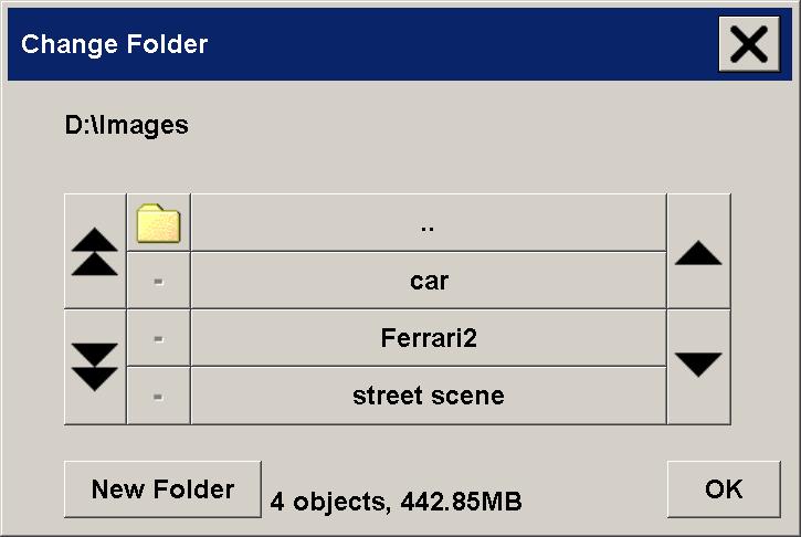 to another Folder group, press the File Folder button. In the Change Folder dialog you can: use the arrows to select the folder on your disk. use the folder up button (marked.. ) to move up a level.
