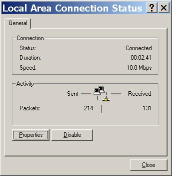 4. Double-click on Local Area Connection. The Local Area Connection Status dialog box will appear. 5. Click the Properties button.