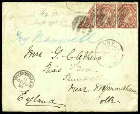 The 1891 Bisect Provisionals continued 361 Twelfth Mail on the S.S. Totmes (Sept. 15 1891), envelope to Mrs. Clethero in Norfolk, franked by 1d.