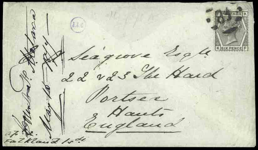Other Early Mail 309 1877 envelope to Hampshire bearing Great Britain 6d. grey Pl. 15 KF cancelled on arrival in London by F.B. in bars Foreign Branch obliterator, endorsed at lower left Apl.